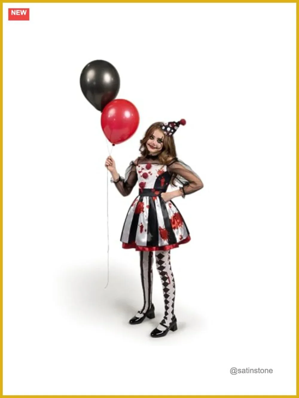 Scary Clown Costume for Girls - Black & White Bloody Jester Dress with Headband